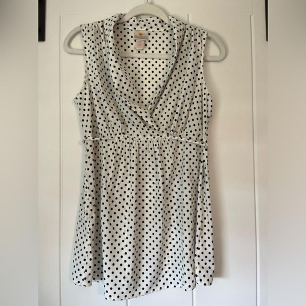 Two Hearts Maternity white with black polka dot blouse
